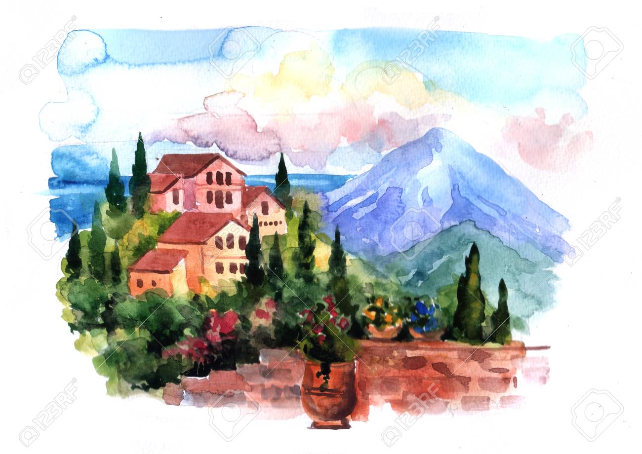 ヨーロッパカントリーな風景 水彩画 原画 （ヨーロッパ風景画